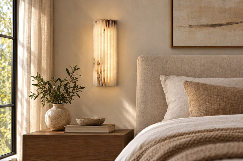 Alvia Alabaster Wall Sconce in a styled home interior | Alorenlamp
