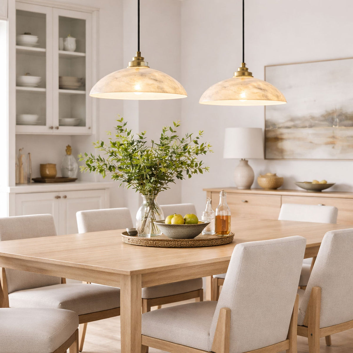 Alabaster dome pendant light with brass fitting and cable suspension - view 2