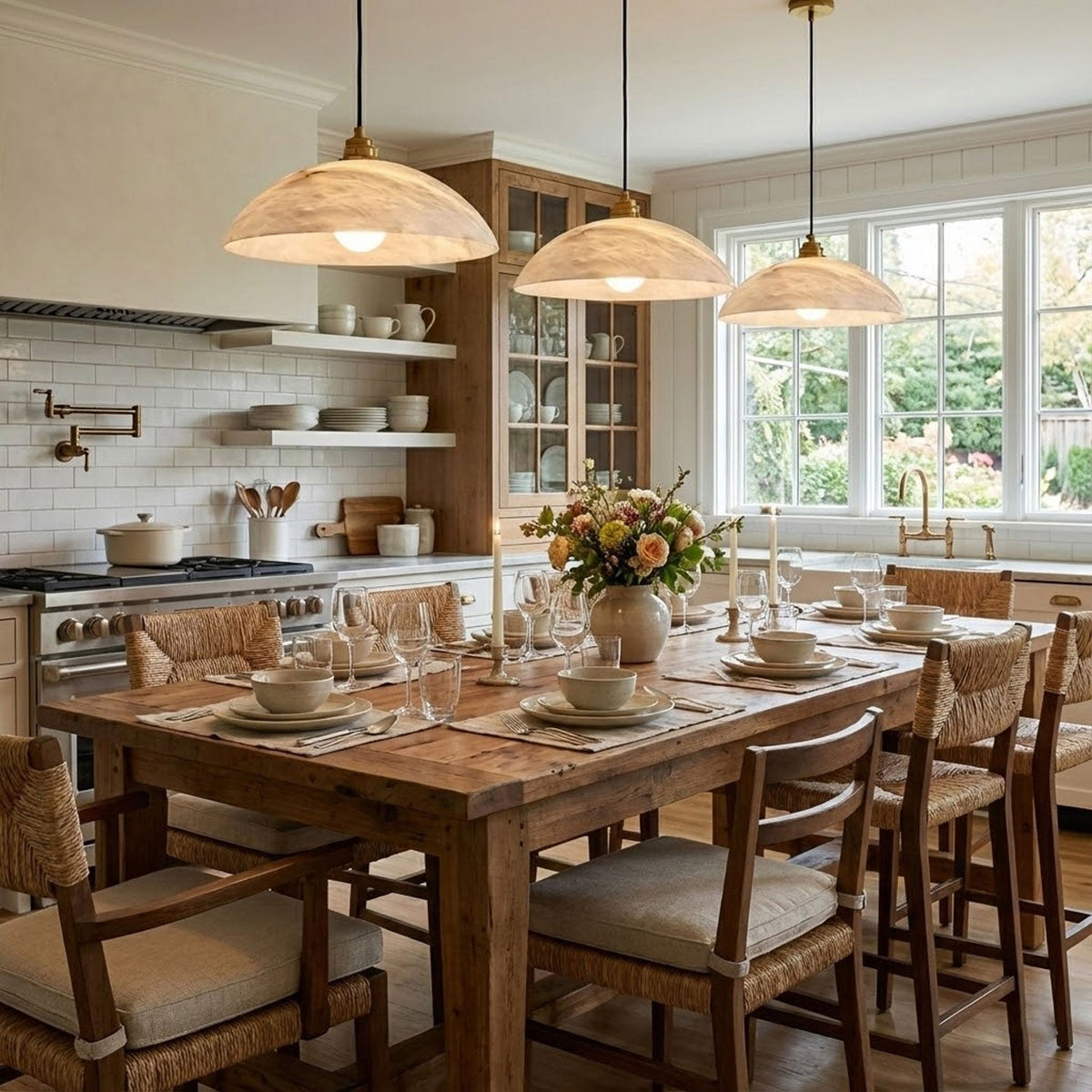 Alabaster dome pendant light with brass fitting and cable suspension - view 3