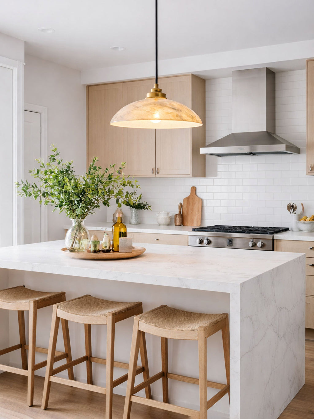 Alabaster dome pendant light with brass fitting and cable suspension - view 5