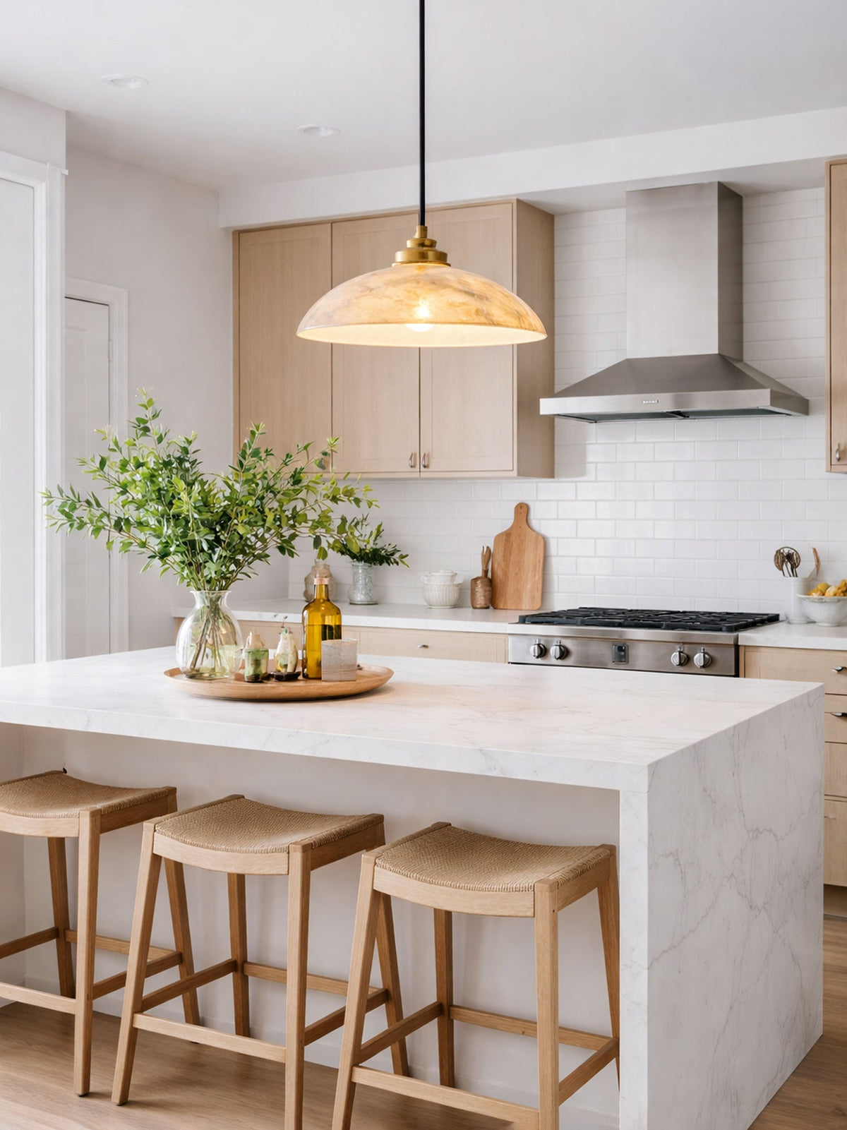 Alabaster dome pendant light with brass fitting and cable suspension - view 5