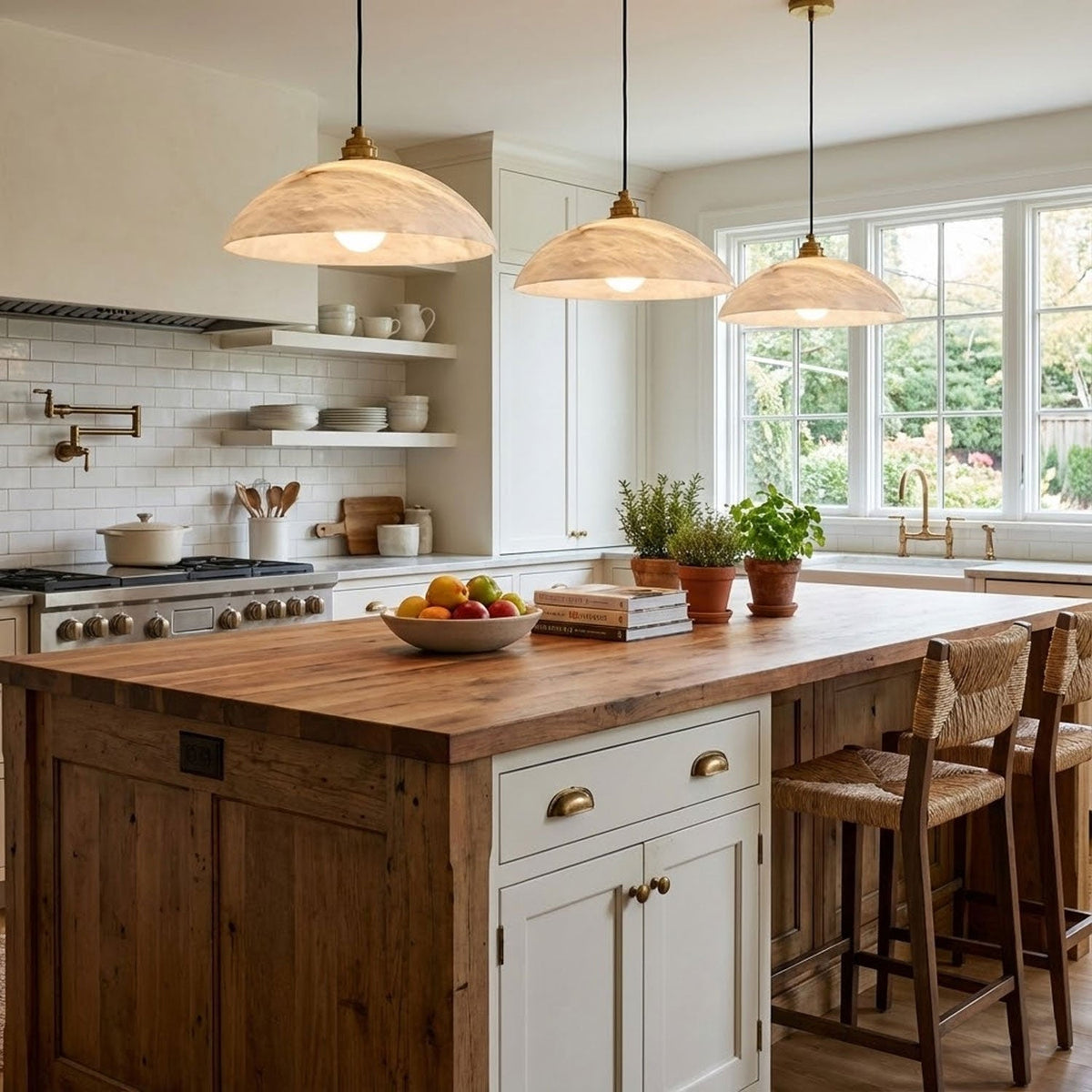 Alabaster dome pendant light with brass fitting and cable suspension - view 6