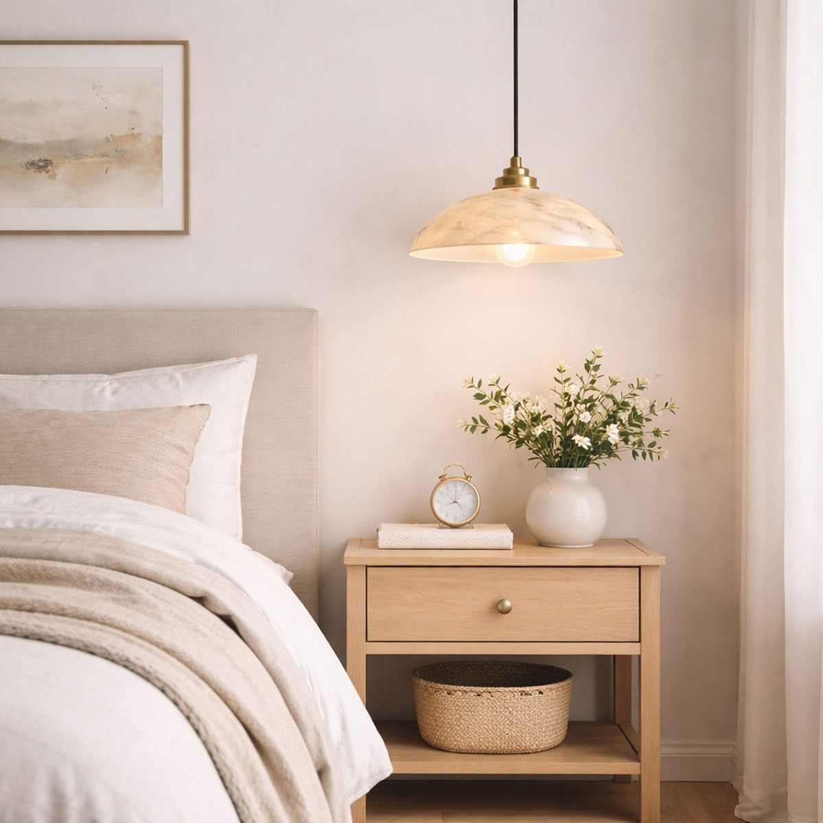 Alabaster dome pendant light with brass fitting and cable suspension - view 7