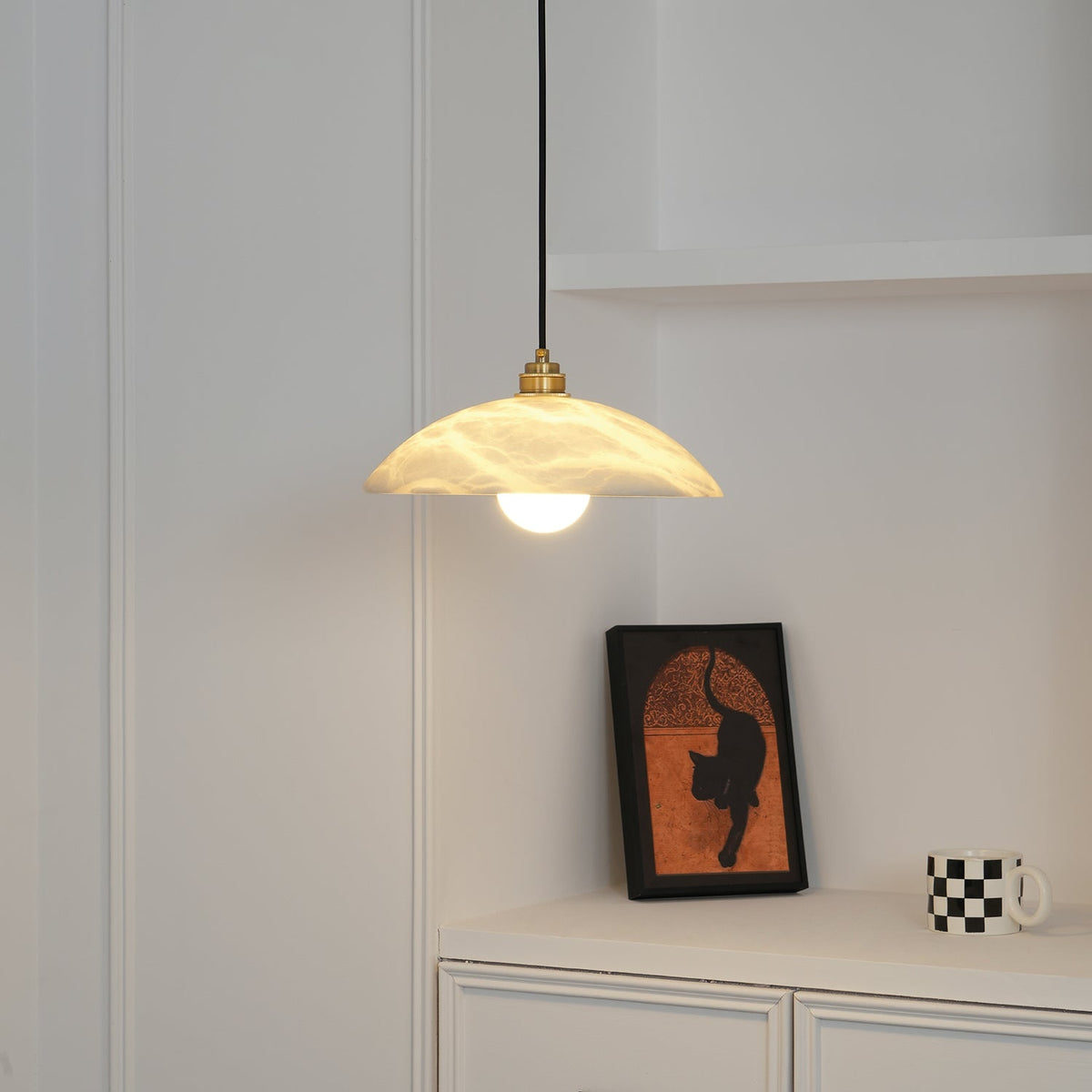 Alabaster dome pendant light with brass fitting and cable suspension - view 10