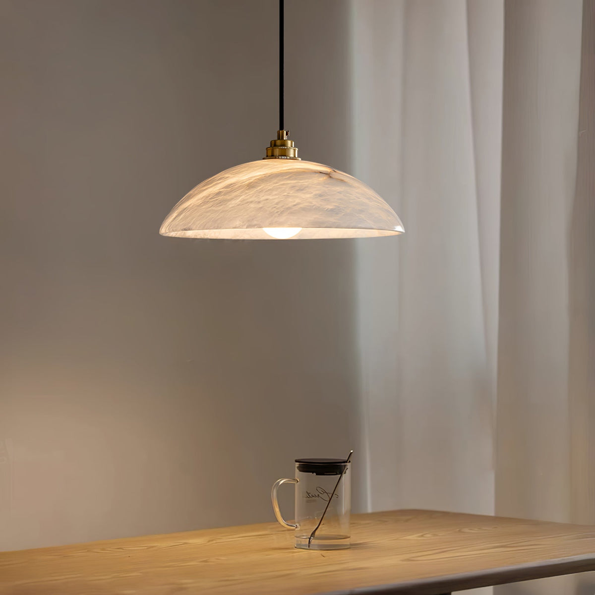Alabaster dome pendant light with brass fitting and cable suspension - view 11