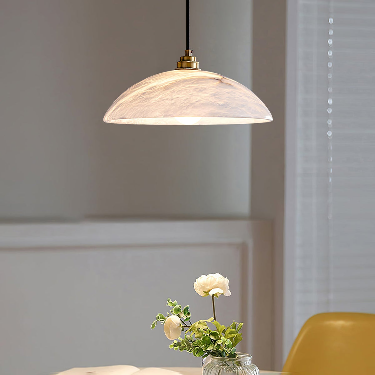 Alabaster dome pendant light with brass fitting and cable suspension - view 20