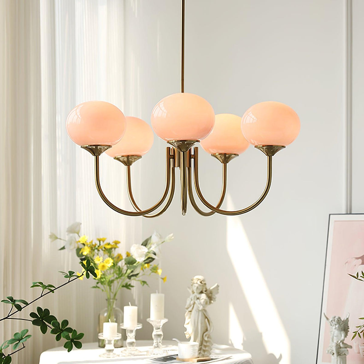 Colored Glass Globe Chandelier in Copper or Chrome — view 12