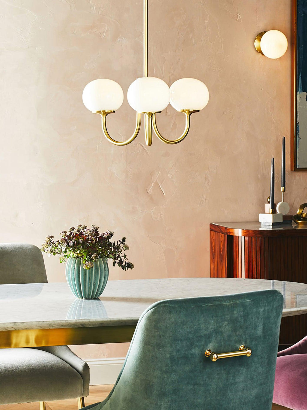 Colored Glass Globe Chandelier in Copper or Chrome — view 27