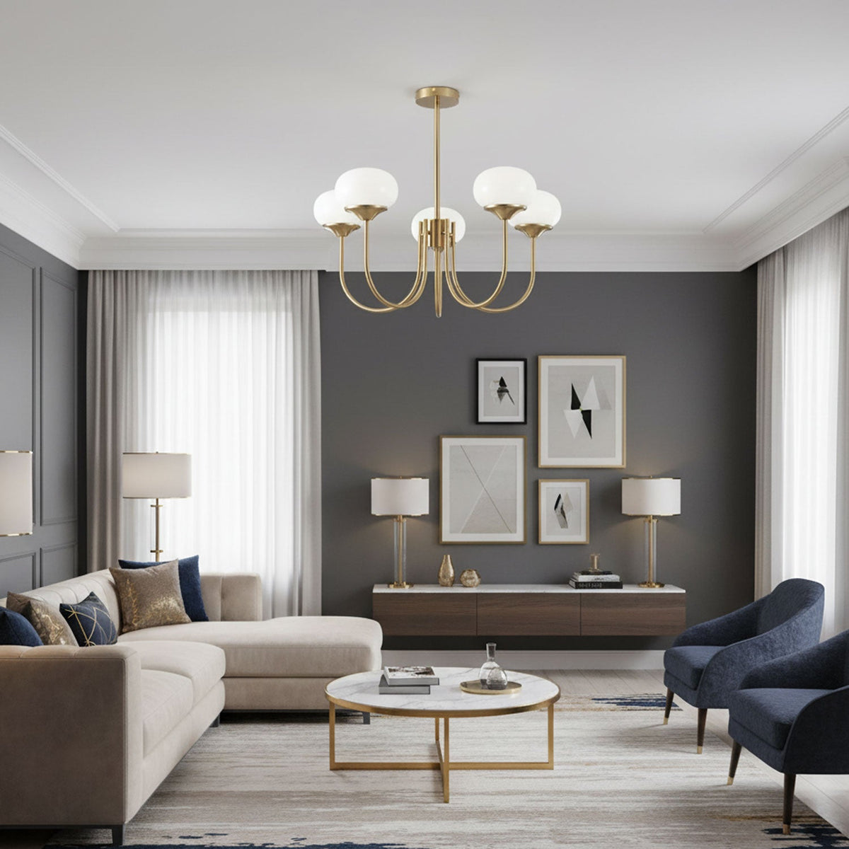 Colored Glass Globe Chandelier in Copper or Chrome — view 28