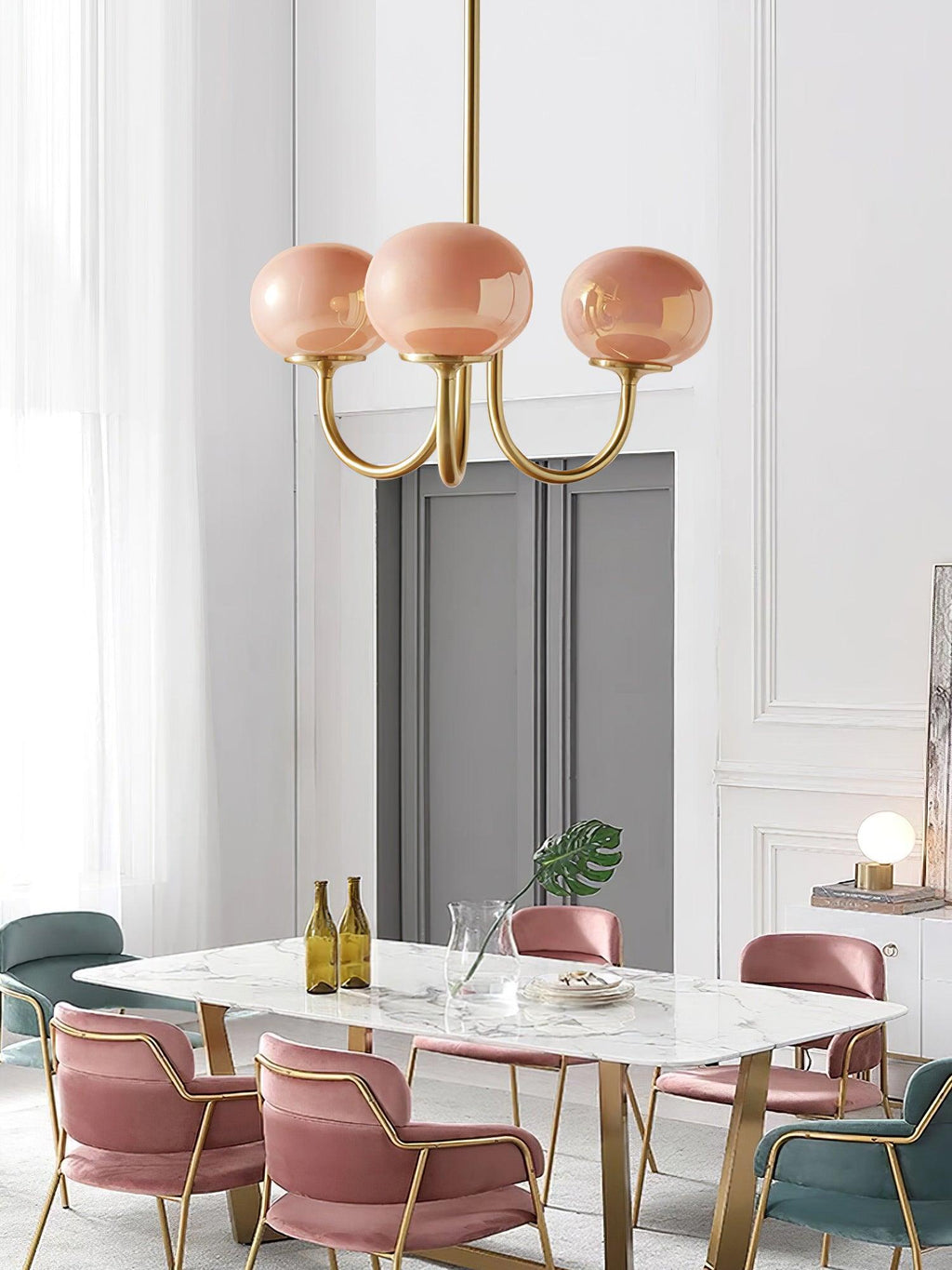 Colored Glass Globe Chandelier in Copper or Chrome — view 64