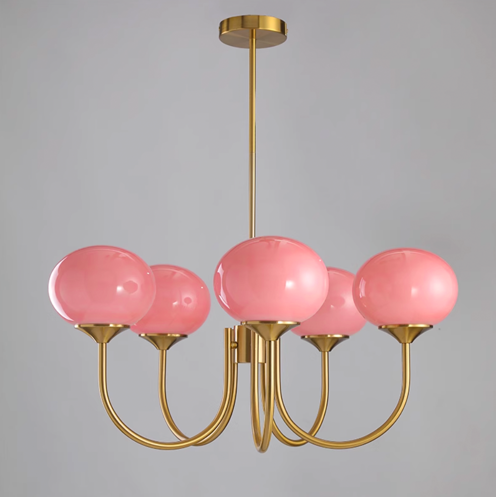Colored Glass Globe Chandelier in Copper or Chrome — view 87