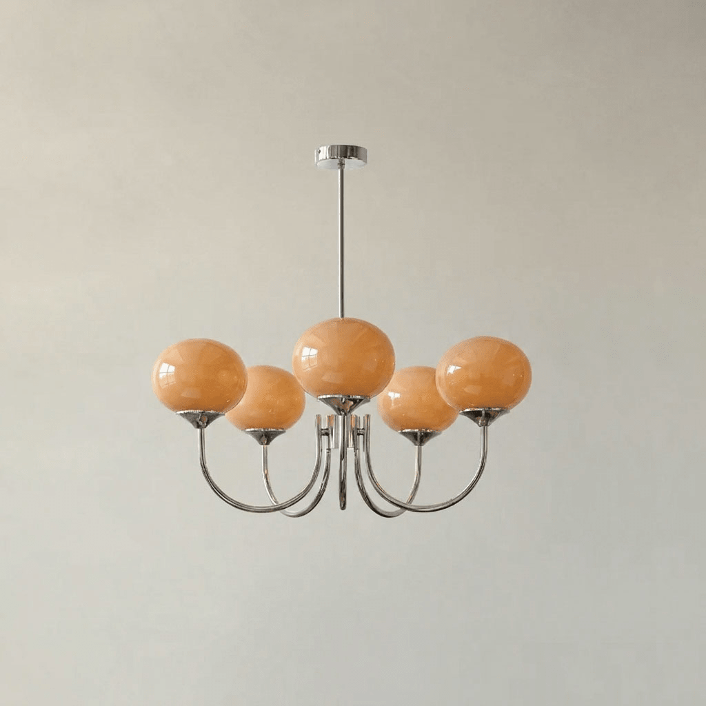 Colored Glass Globe Chandelier in Copper or Chrome — view 140