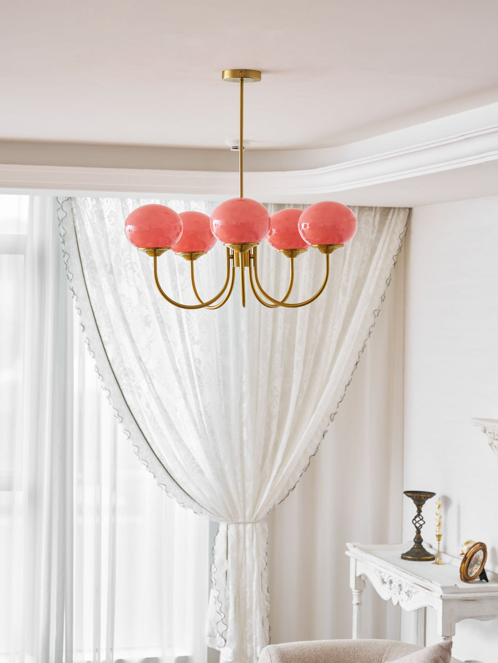 Colored Glass Globe Chandelier in Copper or Chrome — view 157