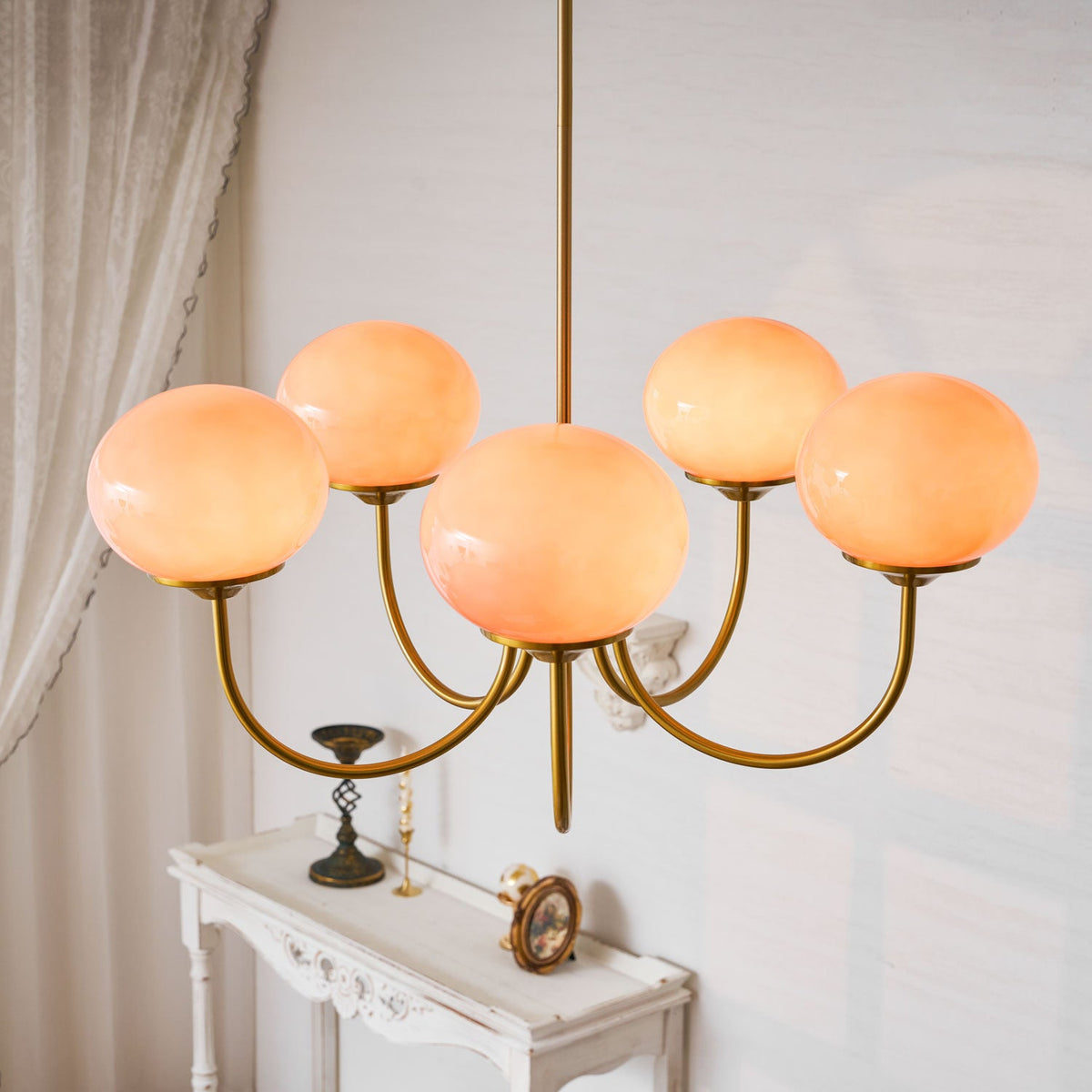 Colored Glass Globe Chandelier in Copper or Chrome — view 162