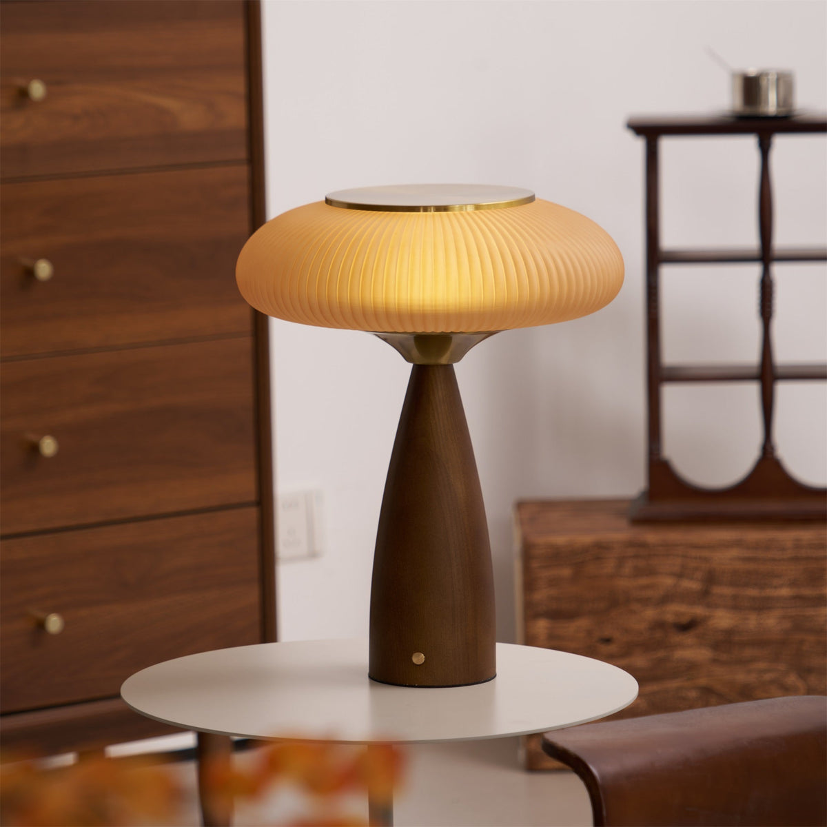 Arven Amber Glass & Wood Rechargeable Lamp — finish, form and interior detail 2
