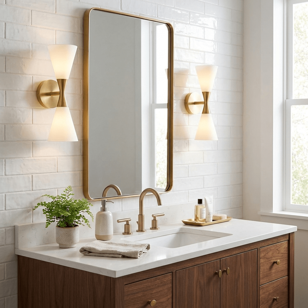 Calden Double Cone Glass Wall Sconce — finish, form and room detail 2