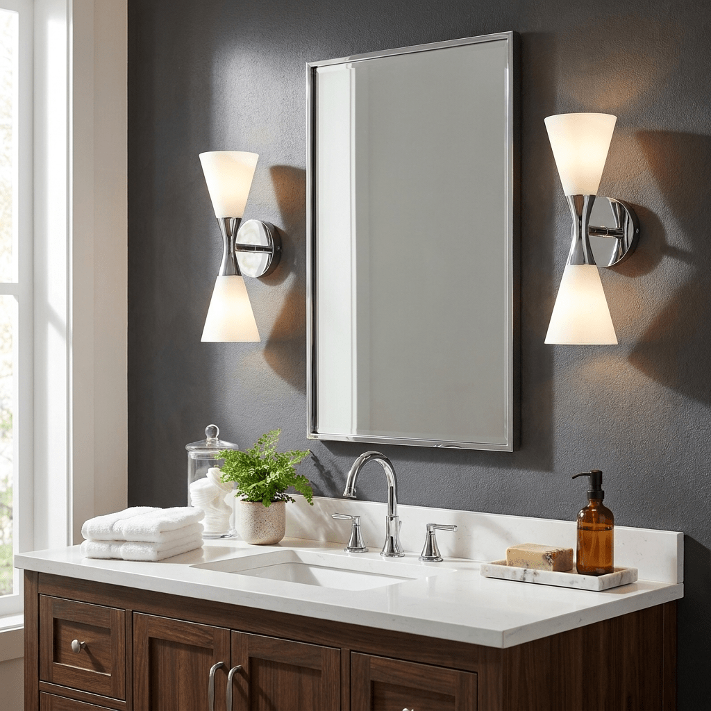 Calden Double Cone Glass Wall Sconce — finish, form and room detail 3