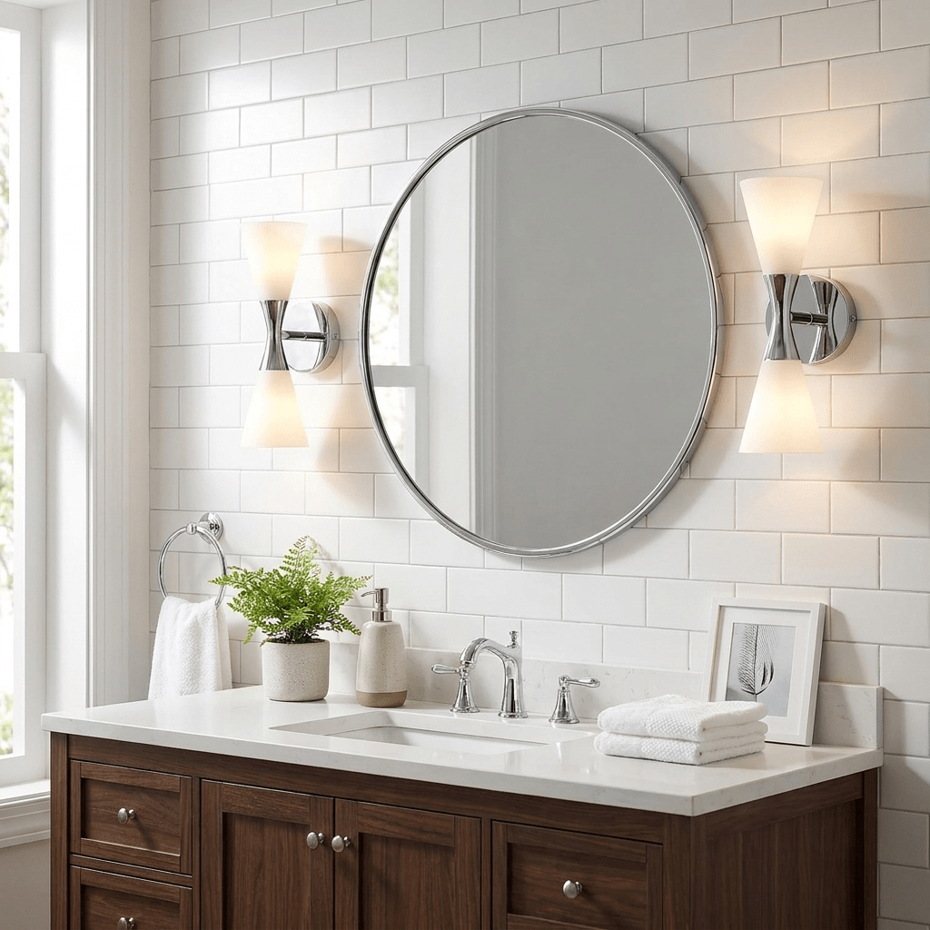 Calden Double Cone Glass Wall Sconce — finish, form and room detail 5
