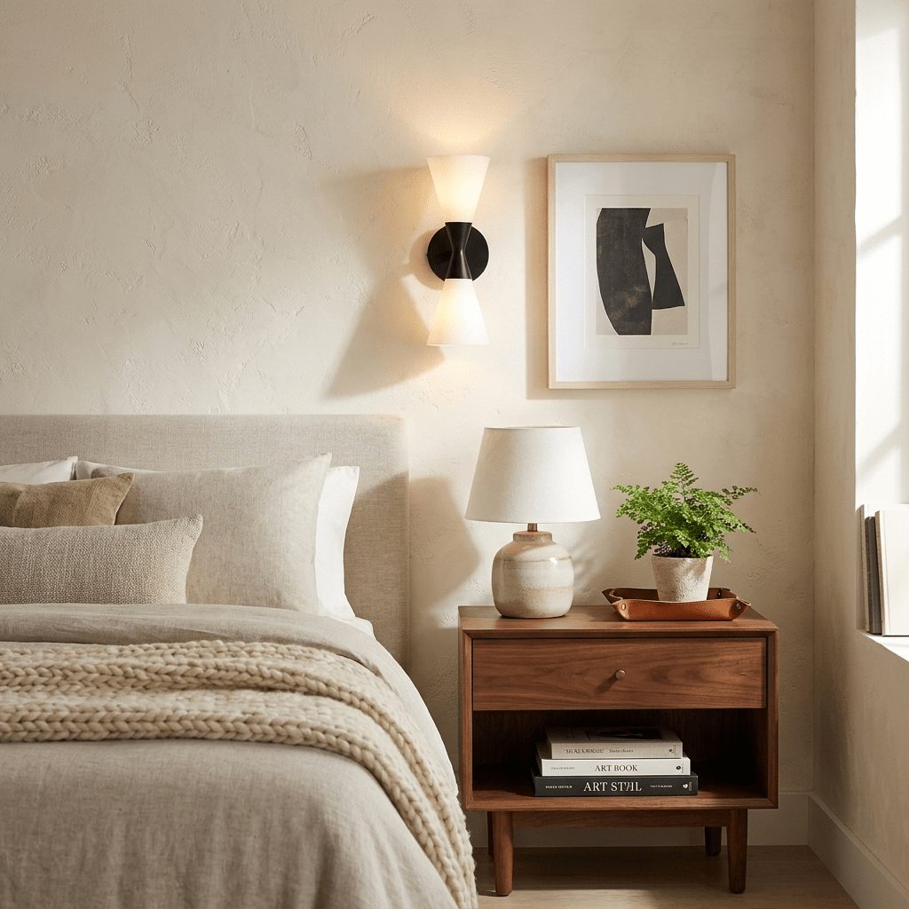 Calden Double Cone Glass Wall Sconce — finish, form and room detail 6