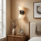 Calden Double Cone Glass Wall Sconce — finish, form and room detail 7
