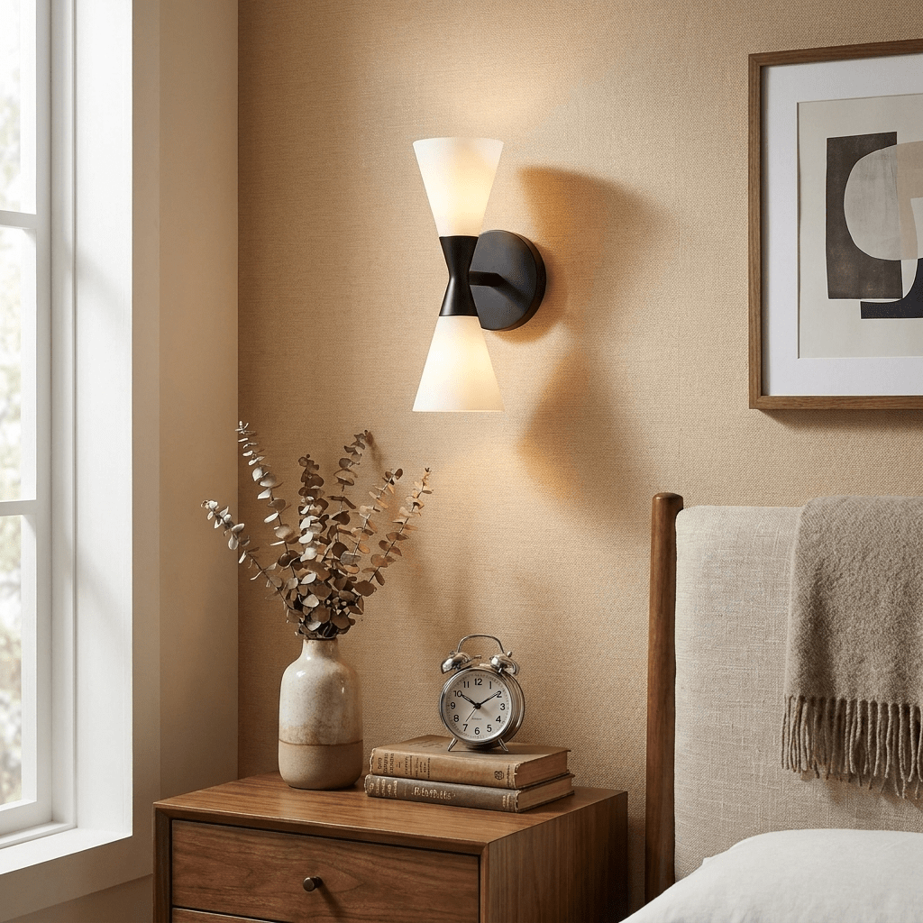Calden Double Cone Glass Wall Sconce — finish, form and room detail 7