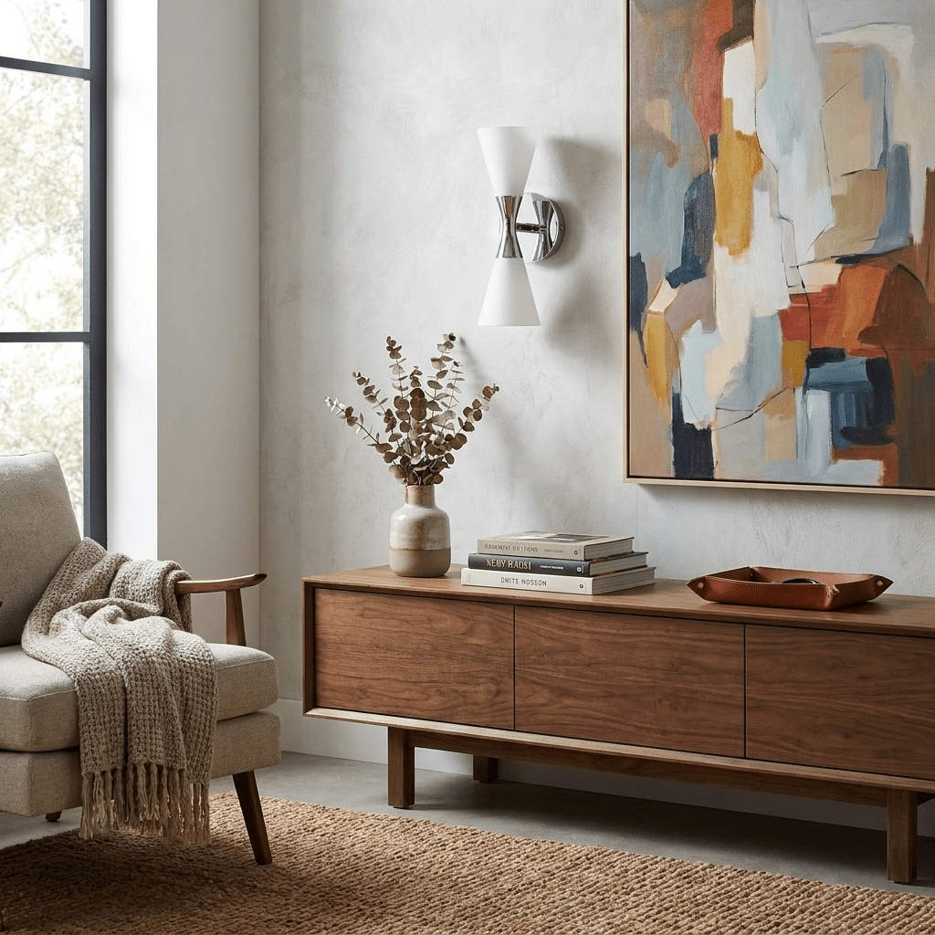 Calden Double Cone Glass Wall Sconce — finish, form and room detail 9