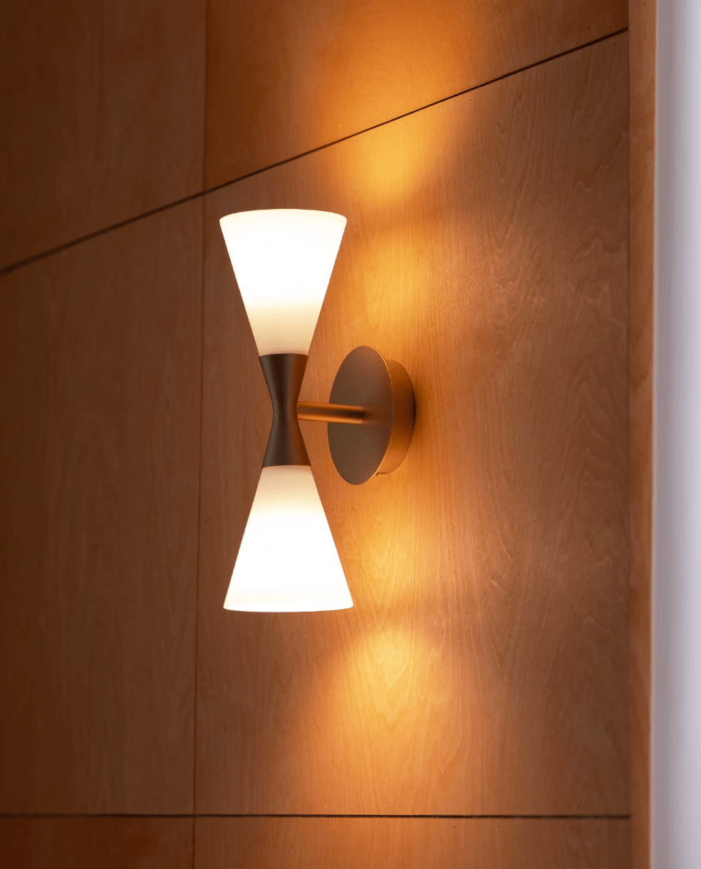 Calden Double Cone Glass Wall Sconce — finish, form and room detail 10