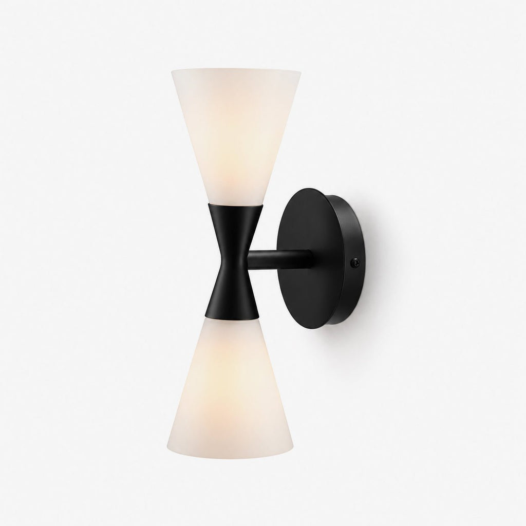 Calden Double Cone Glass Wall Sconce — finish, form and room detail 12