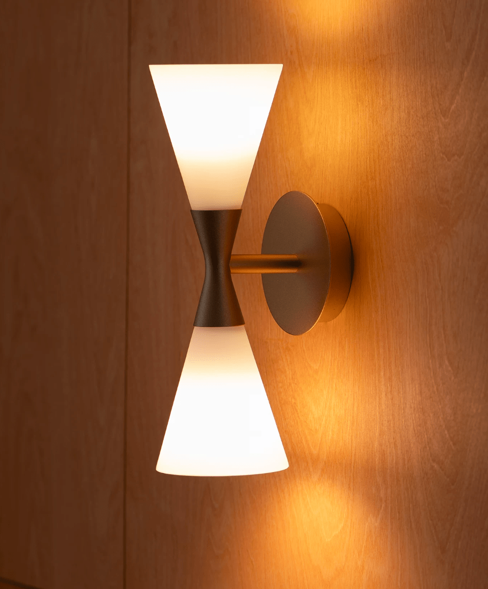 Calden Double Cone Glass Wall Sconce — finish, form and room detail 15