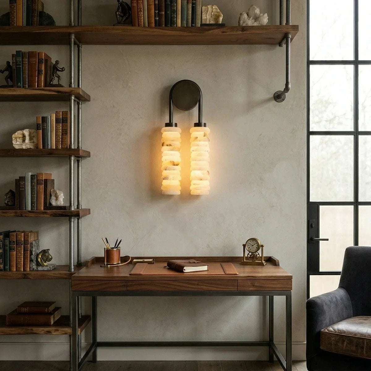 Calven Twin Ribbed Alabaster LED Wall Sconce — product, finish and specification view 2