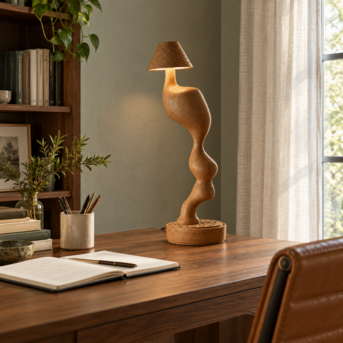 Carved Wood Cordless Table Lamp — product and interior detail 2