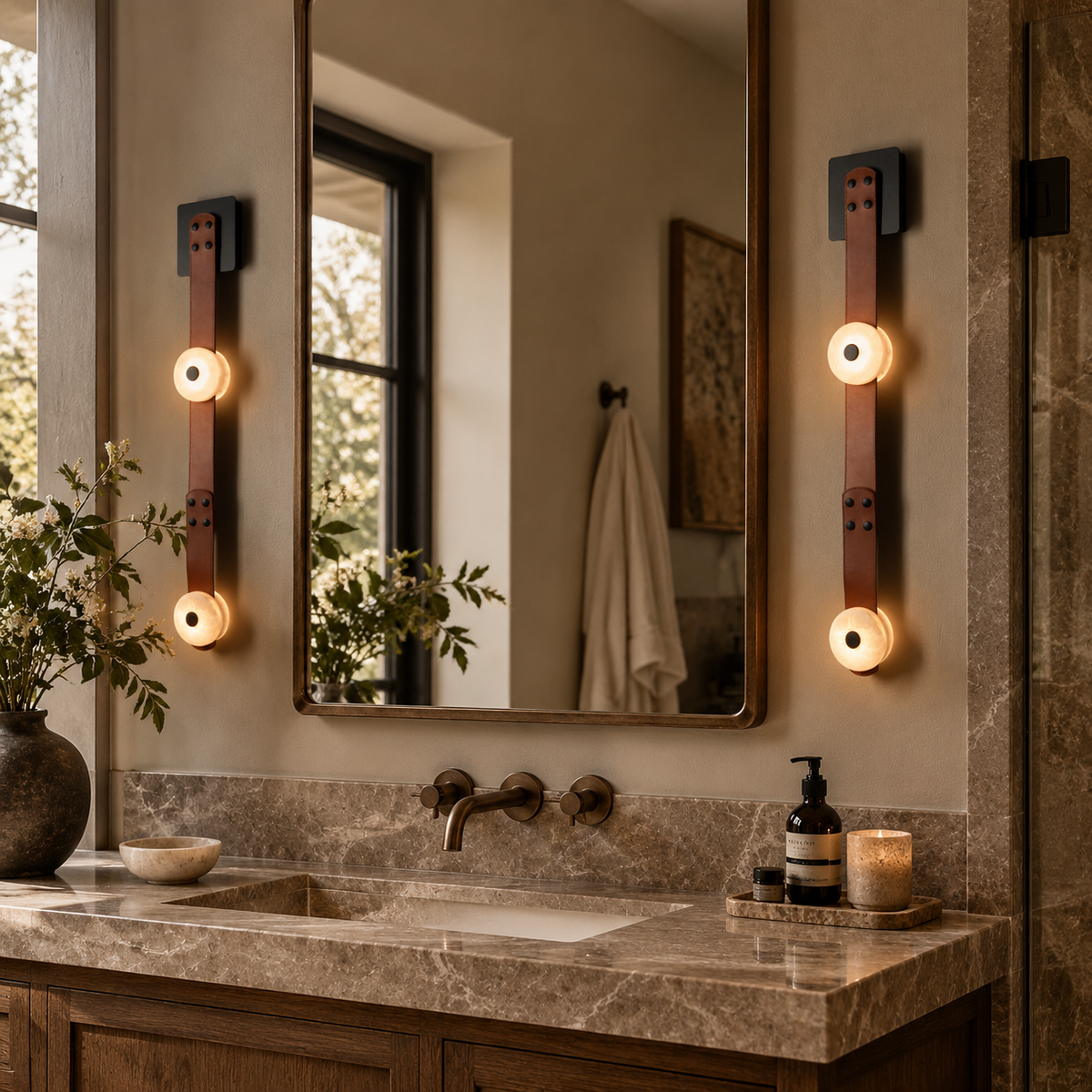 Elvar Leather & Alabaster LED Wall Sconce — product, finish and specification view 2