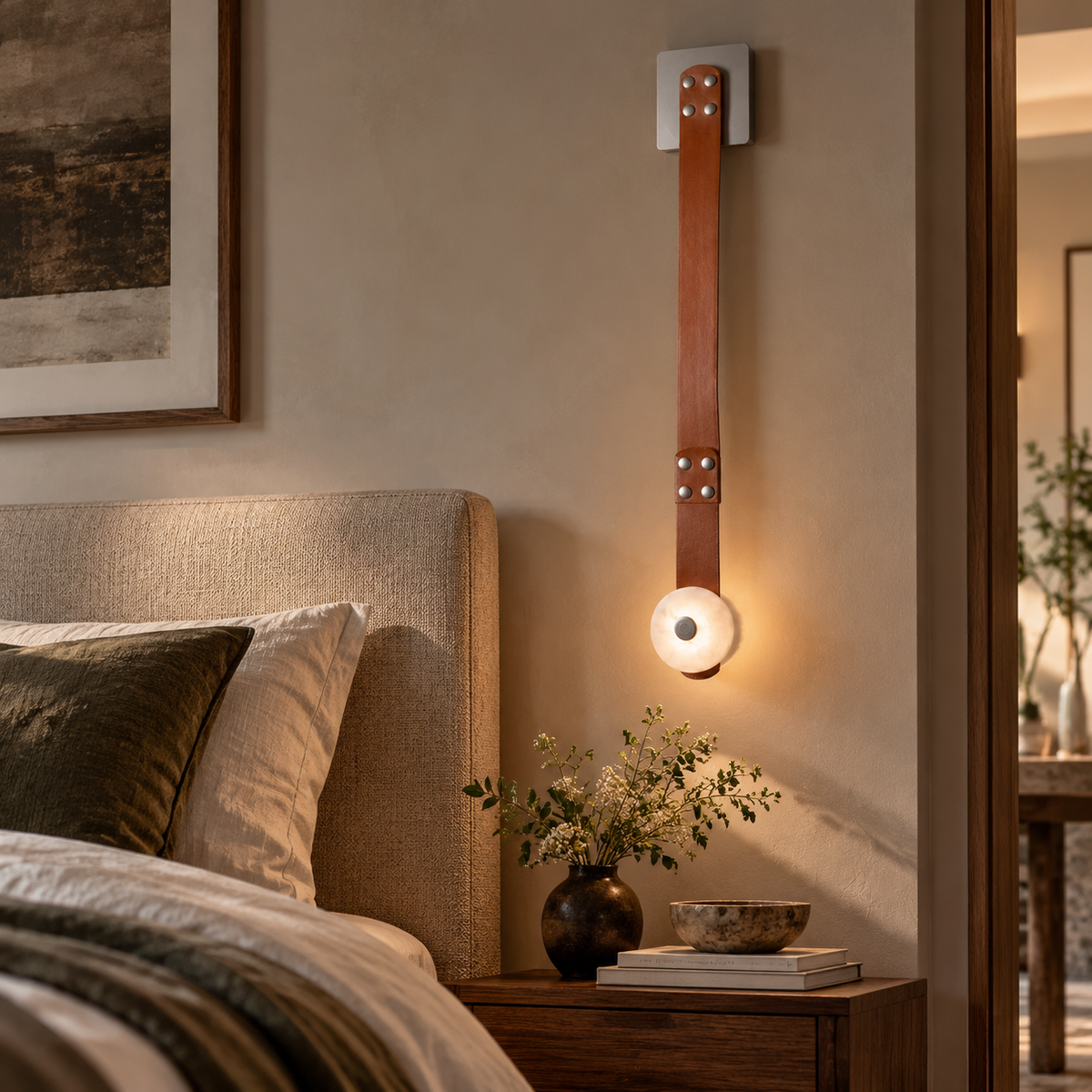 Elvar Leather & Alabaster LED Wall Sconce — product, finish and specification view 5