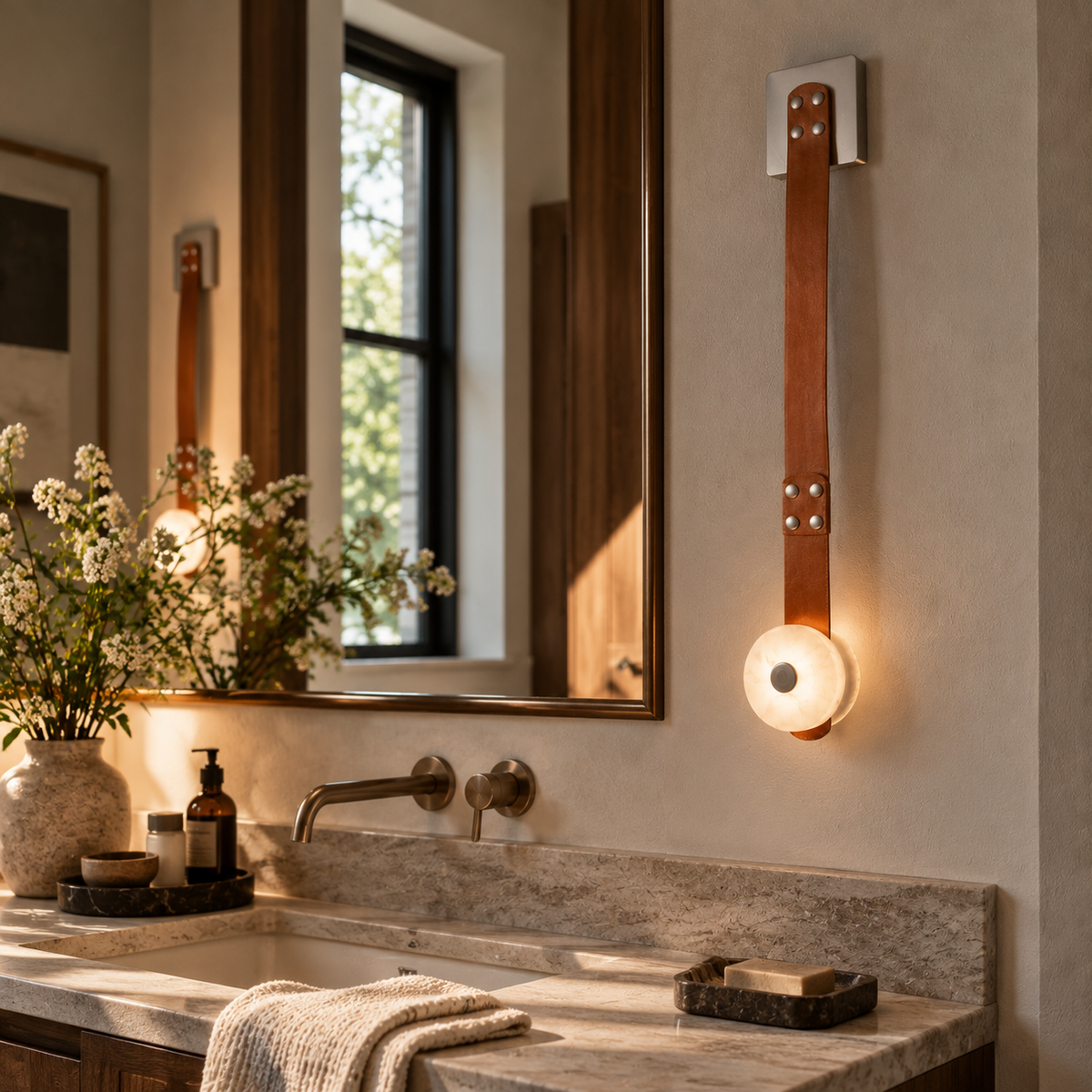 Elvar Leather & Alabaster LED Wall Sconce — product, finish and specification view 6