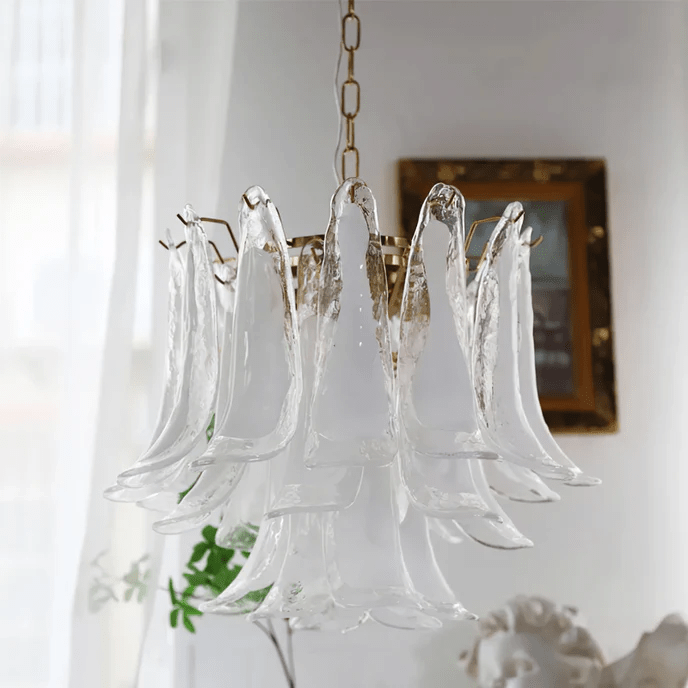 Fioren Tiered Glass Leaf Chandelier — White Cloud & Gold
