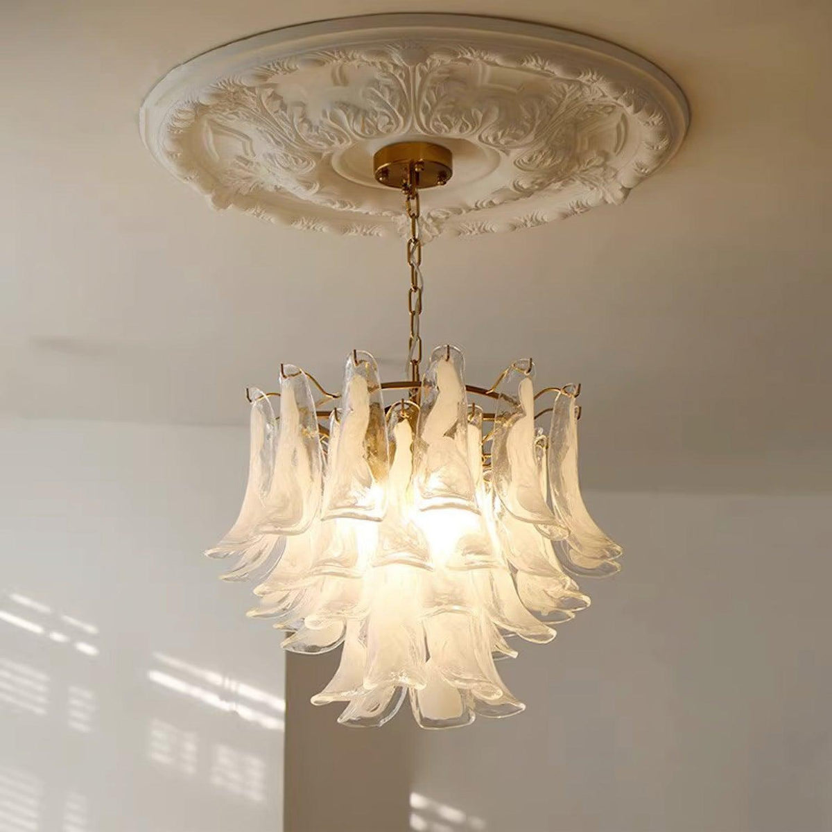 Fioren Tiered Glass Leaf Chandelier — White Cloud & Gold