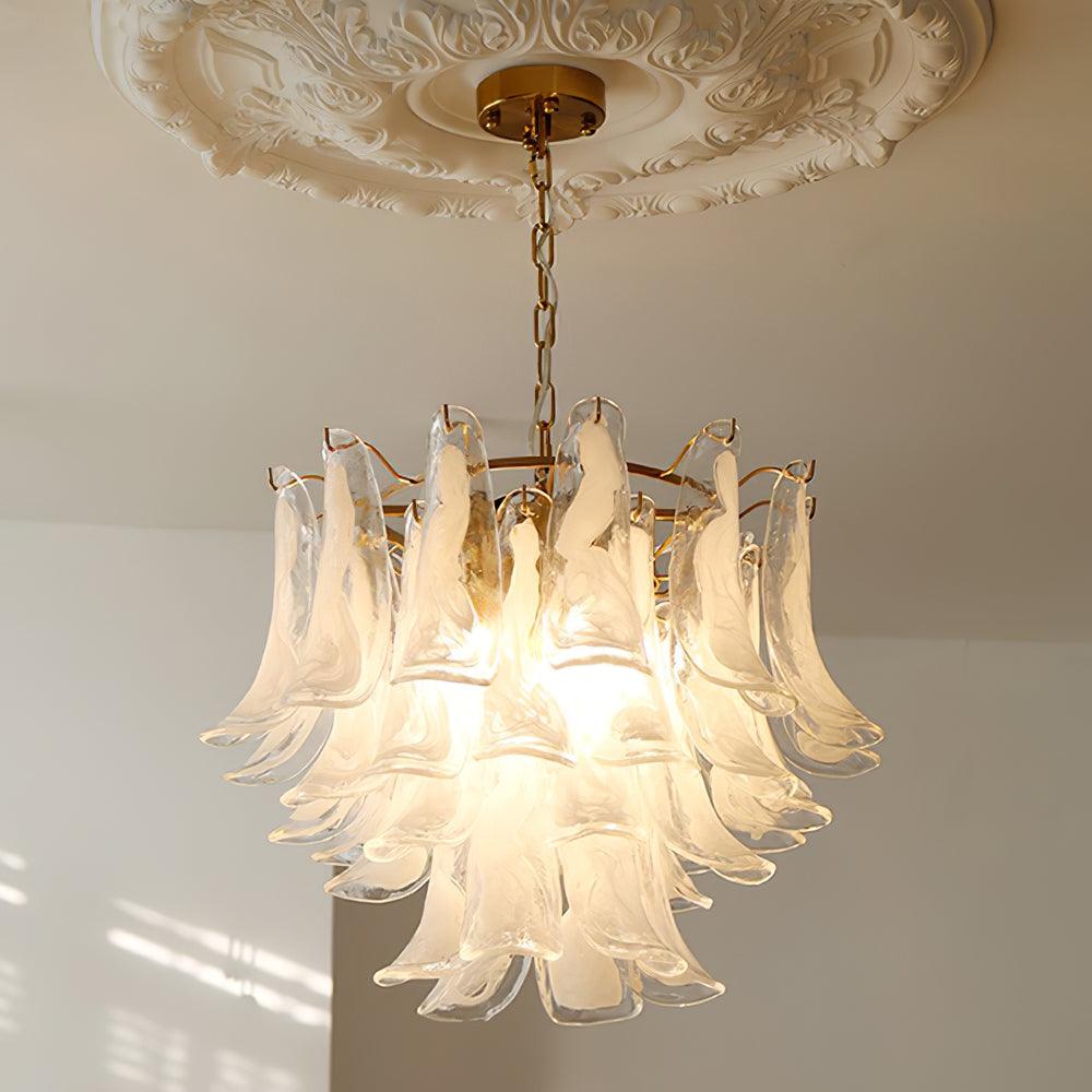 Fioren Tiered Glass Leaf Chandelier — White Cloud & Gold