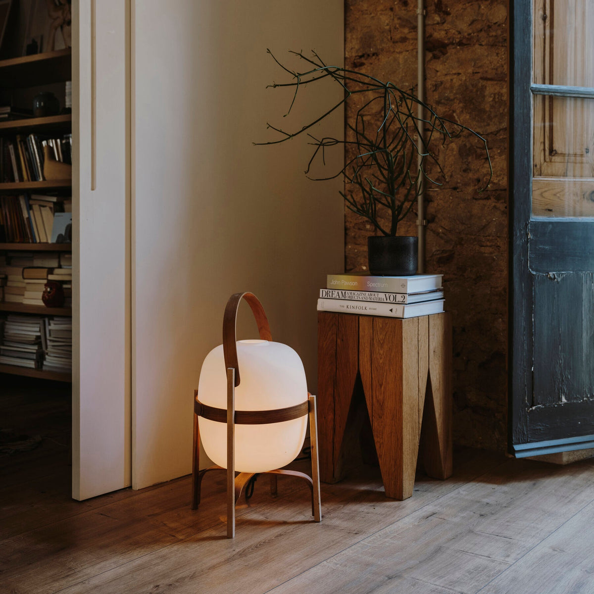 Haven Wood & Glass Plug-In Lantern Lamp — product, finish and specification view 4