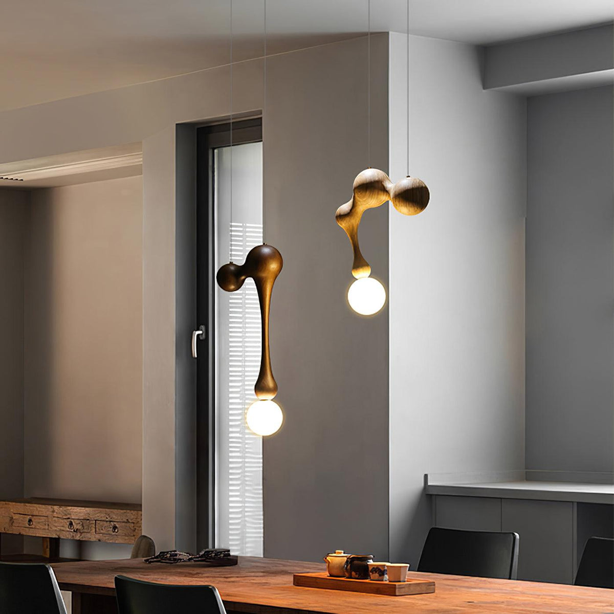 Jenna Sculptural Wood-Finish Globe Pendant Light - product view 2