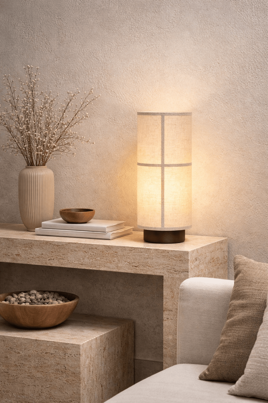 Nerai Wood & Fabric Rechargeable Lamp — finish, form and interior detail 3