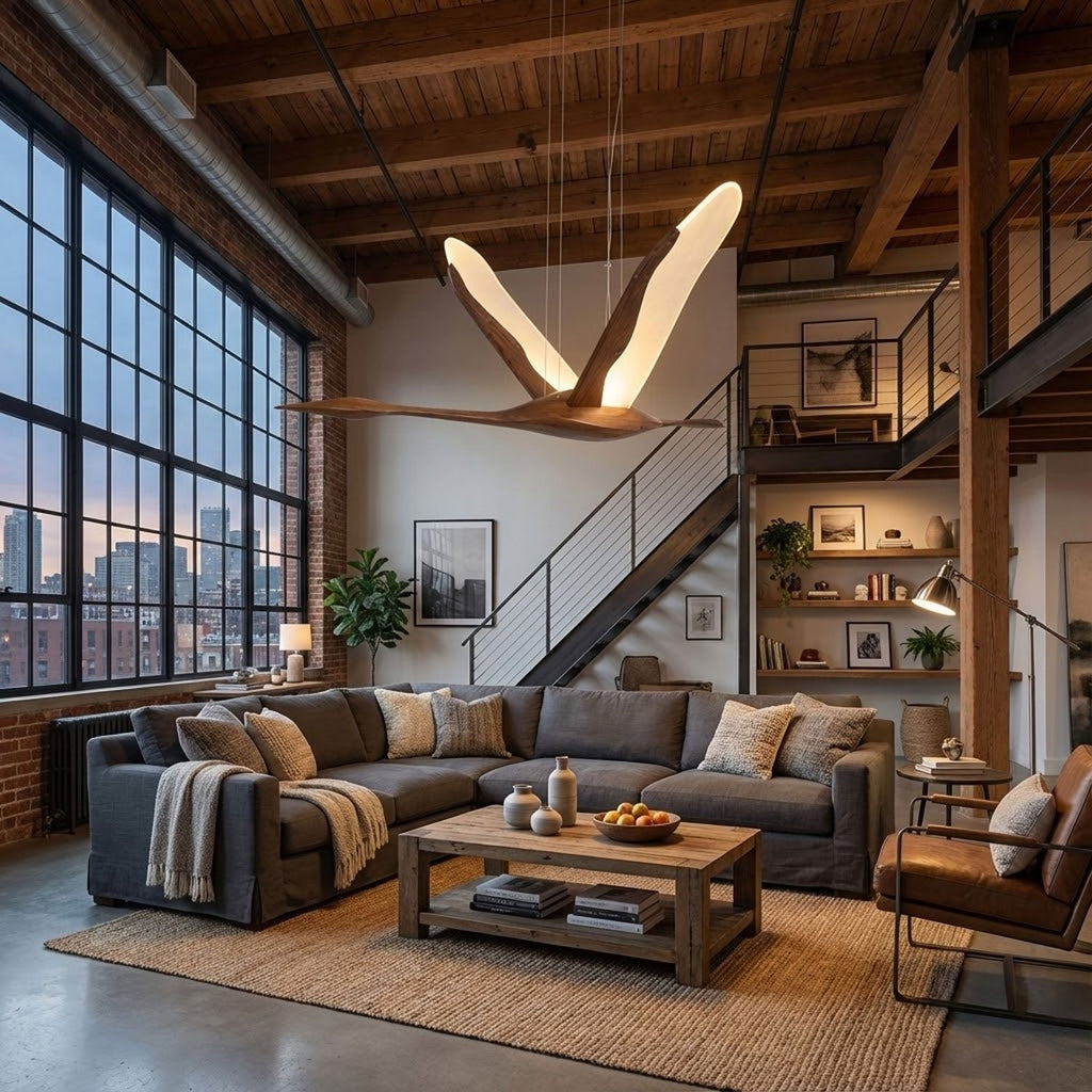 Solitude Crane Sculptural Wood LED Pendant Light - product view 3