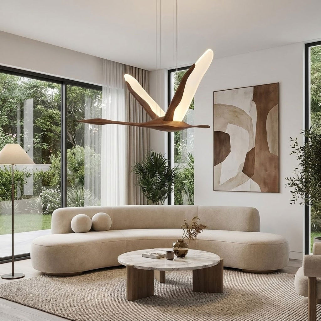 Solitude Crane Sculptural Wood LED Pendant Light - product view 6