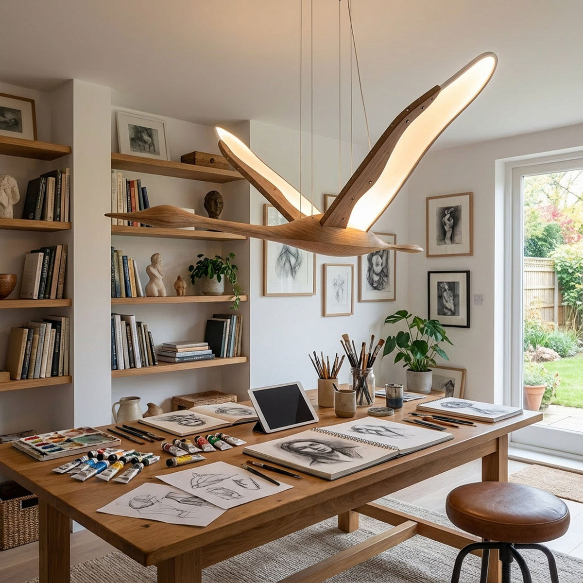 Solitude Crane Sculptural Wood LED Pendant Light - product view 7