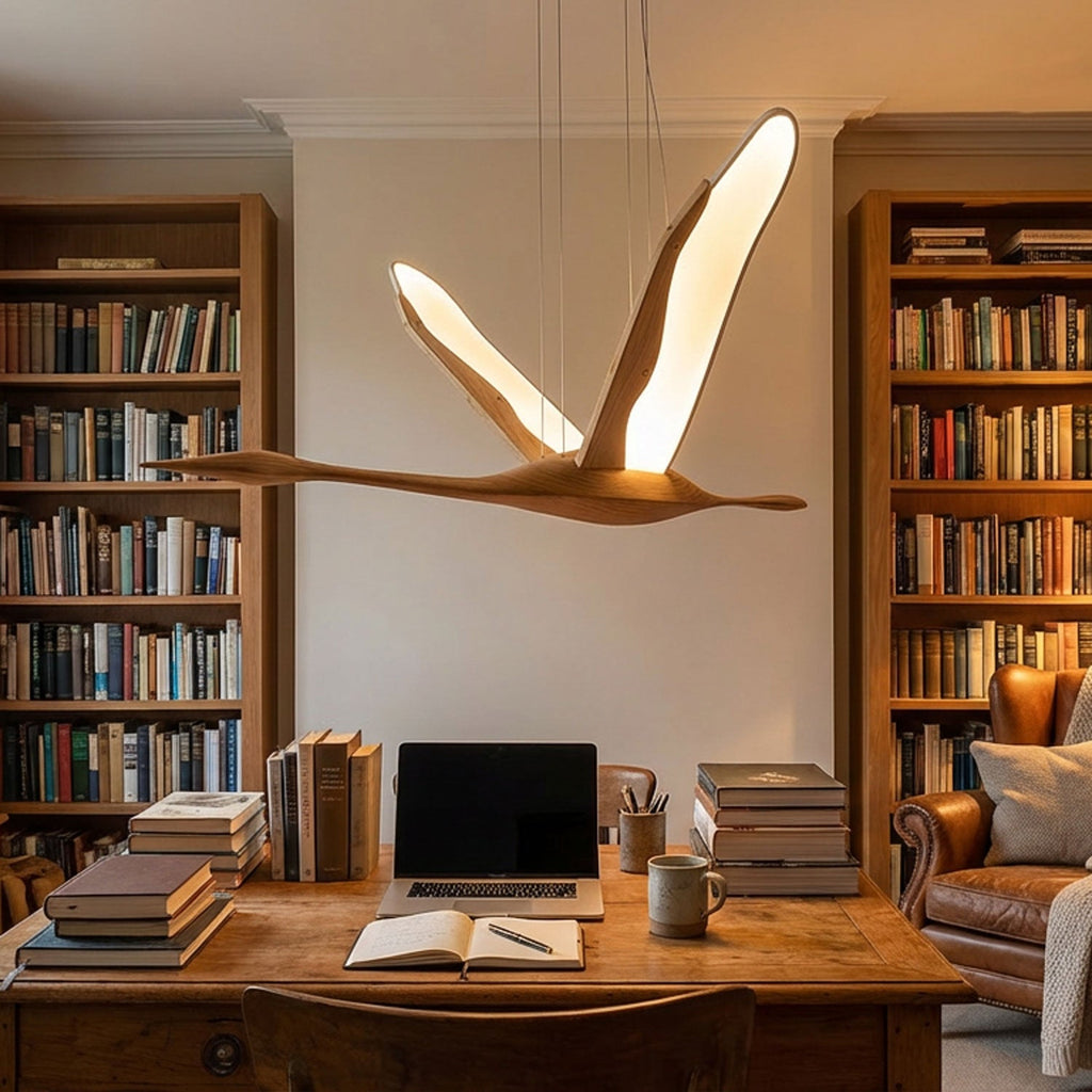 Solitude Crane Sculptural Wood LED Pendant Light - product view 9
