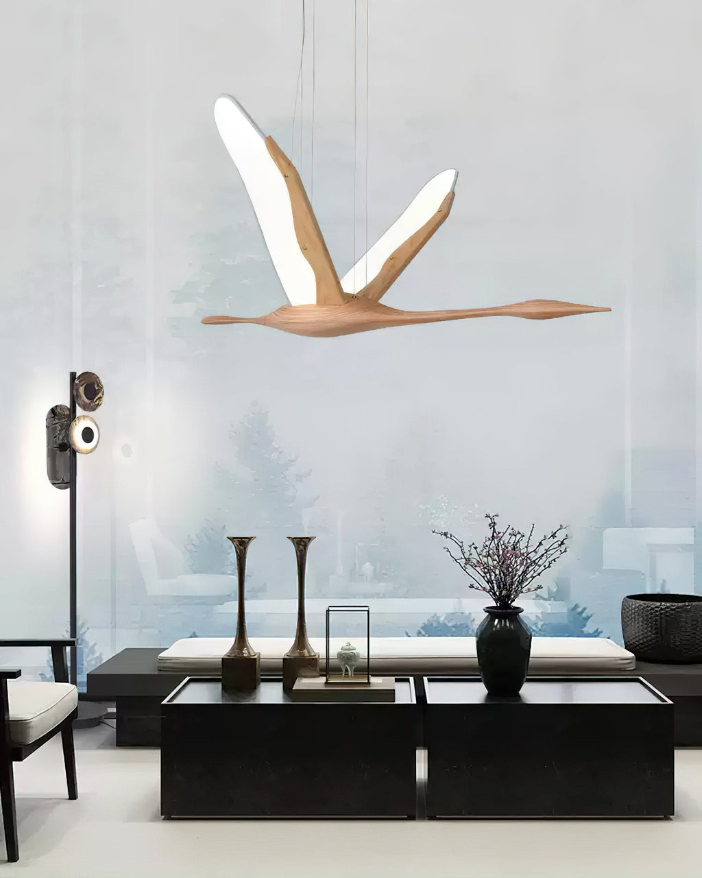 Solitude Crane Sculptural Wood LED Pendant Light - product view 11