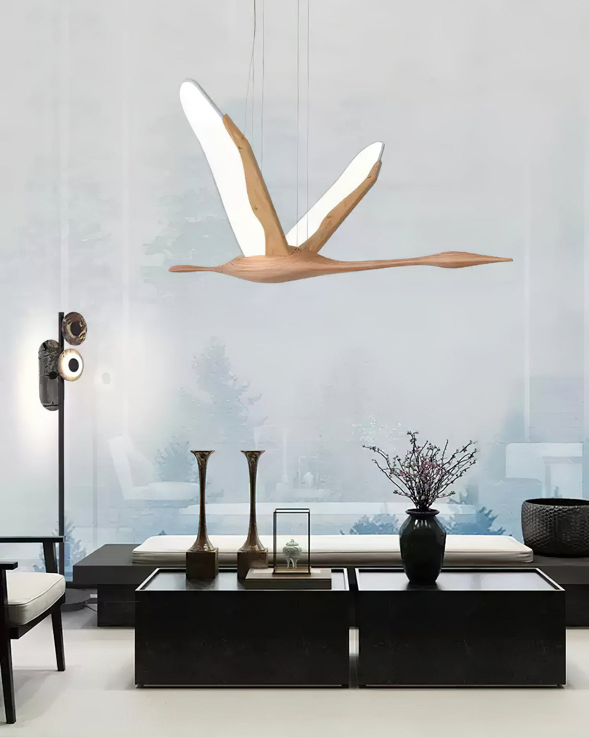 Solitude Crane Sculptural Wood LED Pendant Light - product view 11