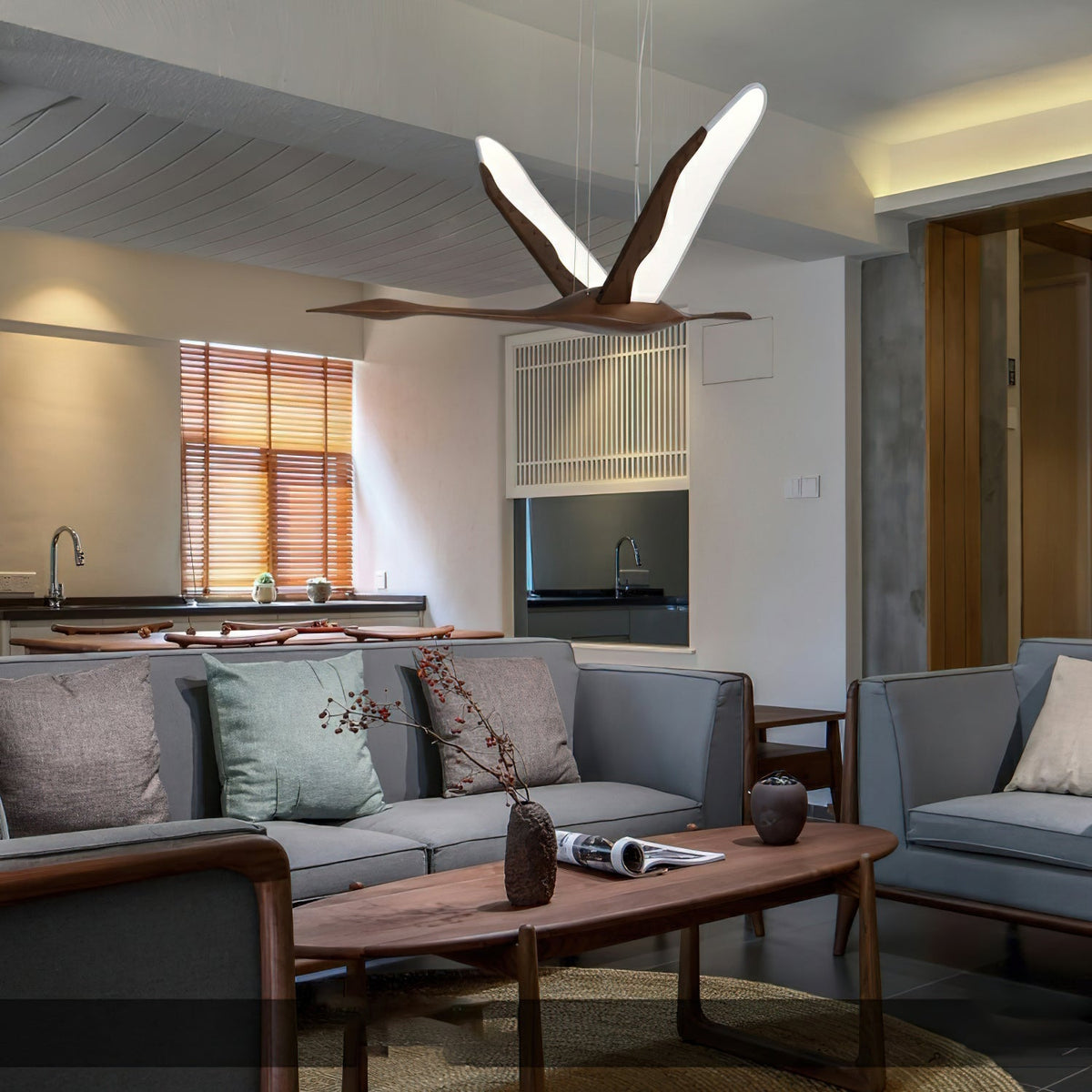 Solitude Crane Sculptural Wood LED Pendant Light - product view 13