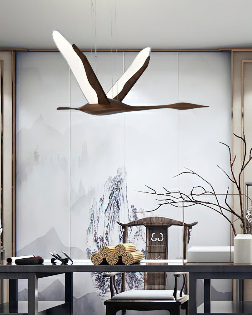 Solitude Crane Sculptural Wood LED Pendant Light - product view 14