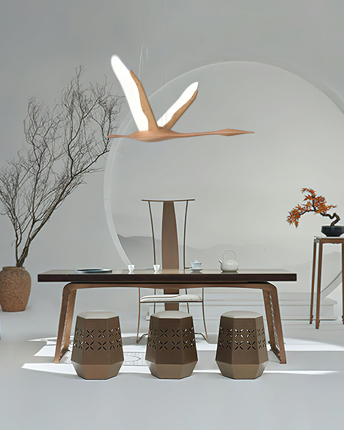Solitude Crane Sculptural Wood LED Pendant Light - product view 20