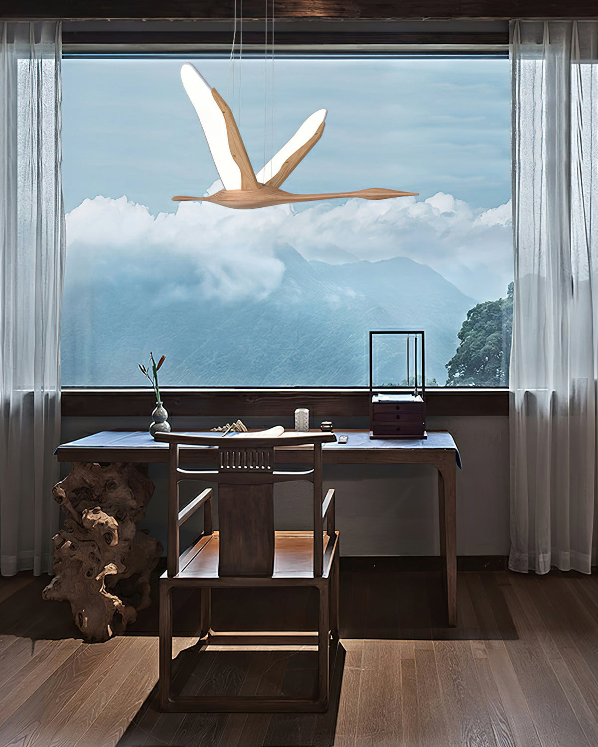 Solitude Crane Sculptural Wood LED Pendant Light - product view 21